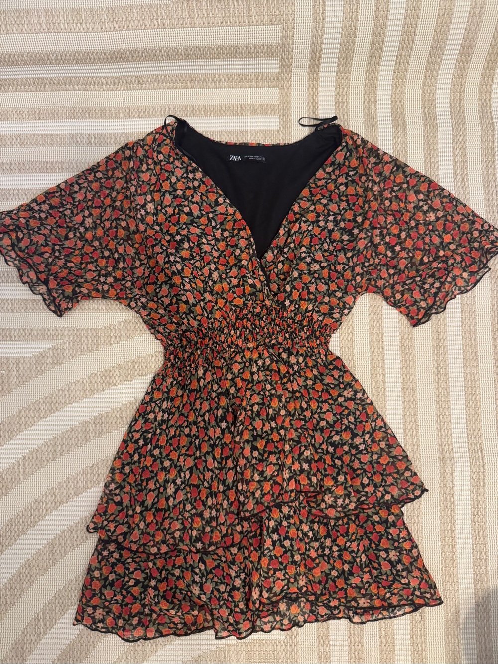 Zara Black Floral Tiered Mini Dress - Red & Orange Print